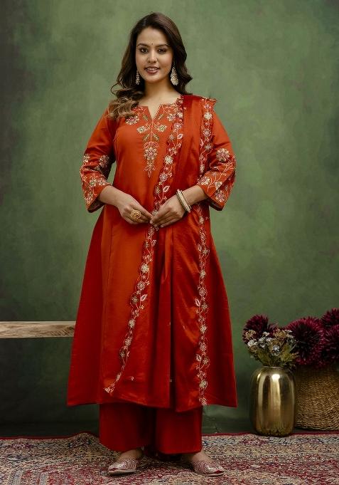 Rust Motif Silk Kurta Set