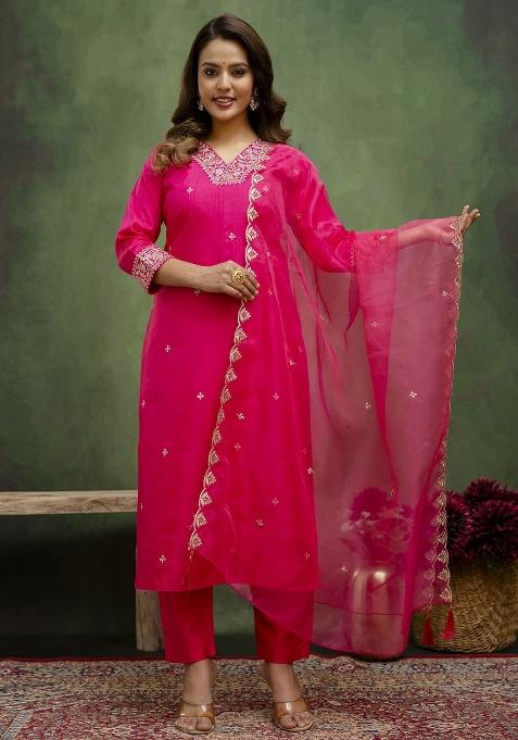 Pink Motif Silk Kurta Set