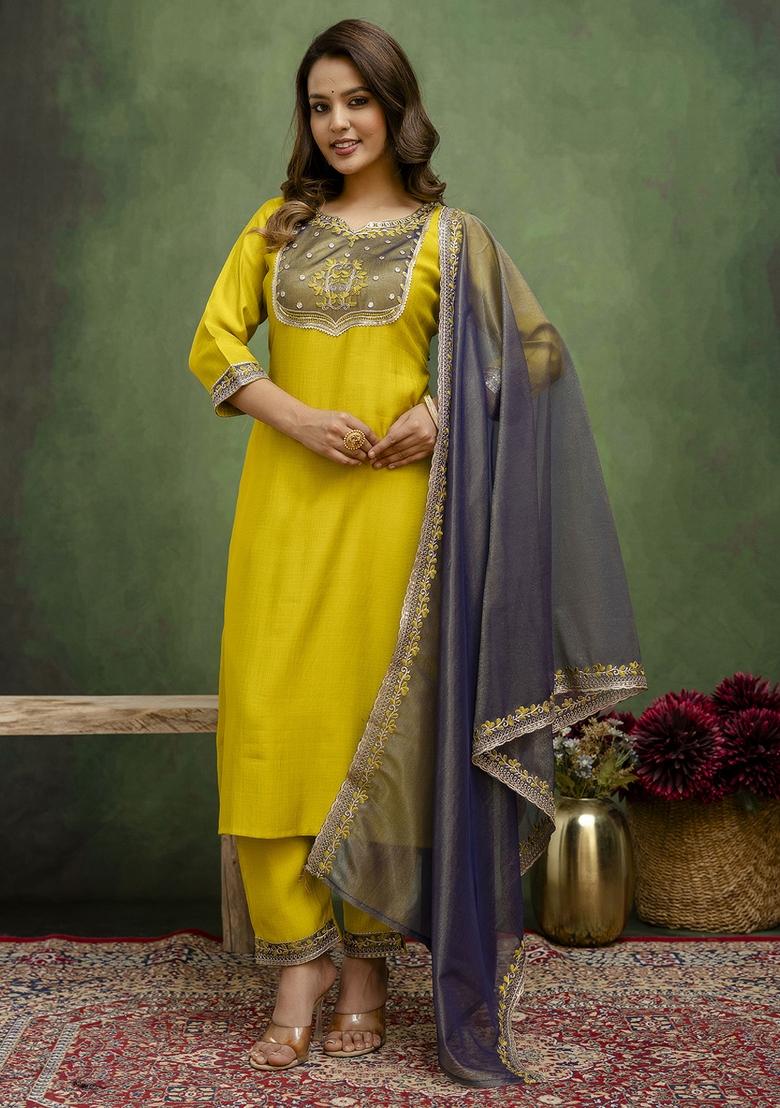 Yellow Motif Silk Kurta Set - Indya