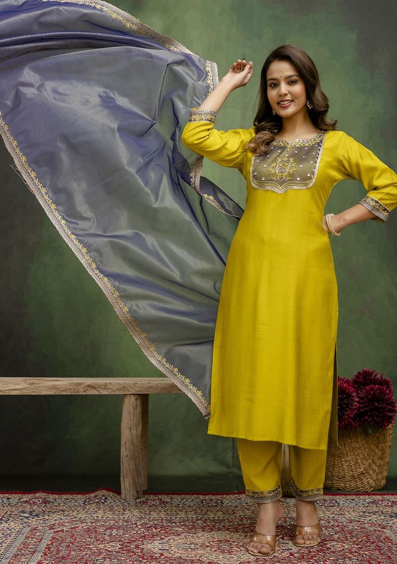 Yellow Motif Silk Kurta Set - Indya
