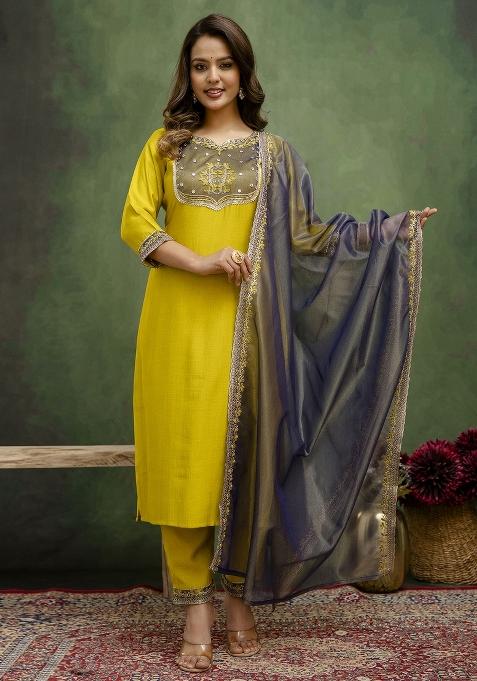 Yellow Motif Silk Kurta Set