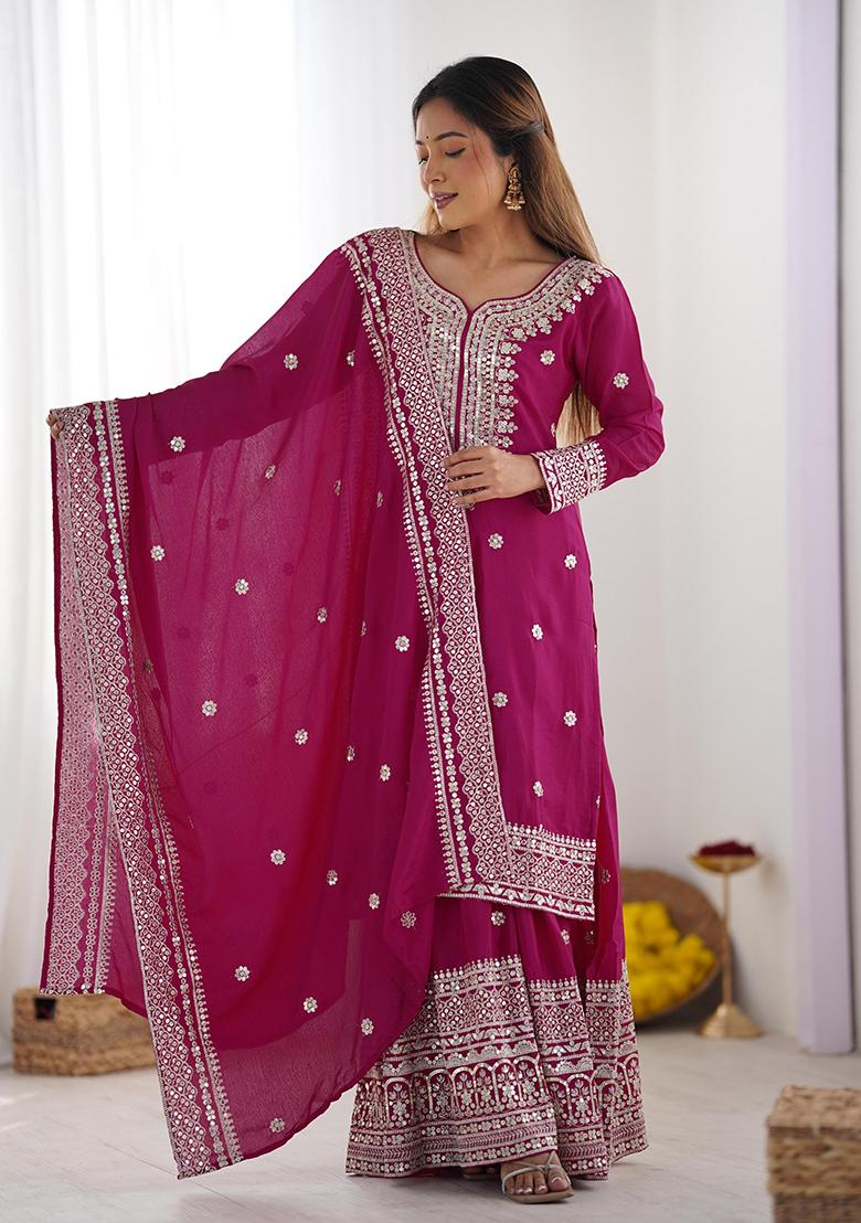 Pink Printed Chinon Salwar Suit - Indya