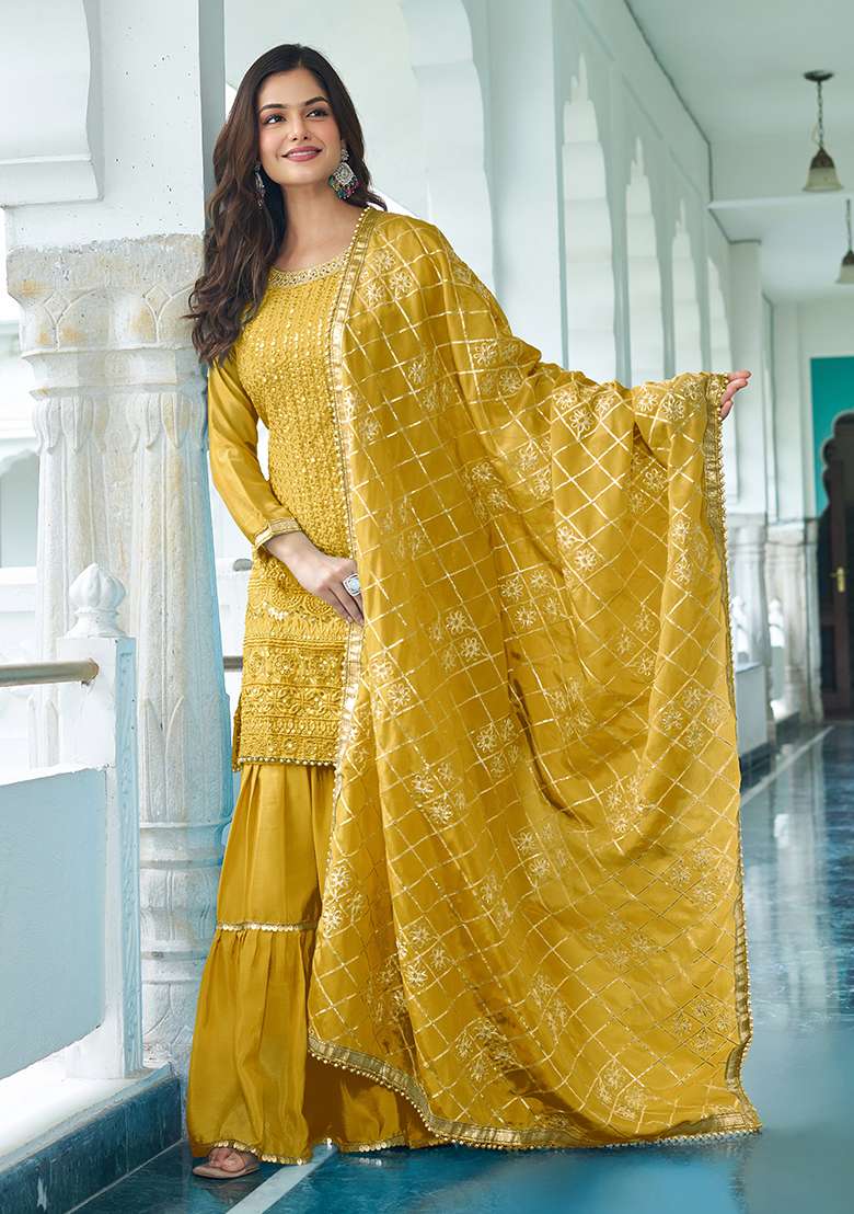 Yellow Embroidered Chinon Sharara Set - Indya