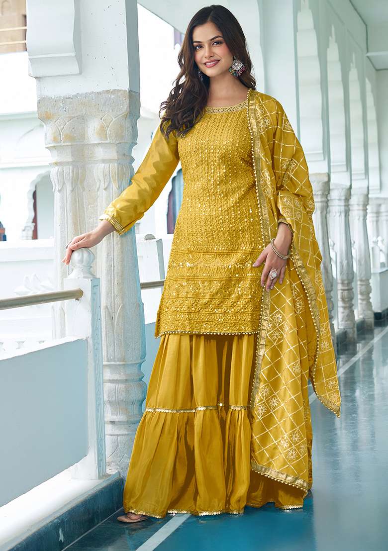 Yellow Embroidered Chinon Sharara Set - Indya
