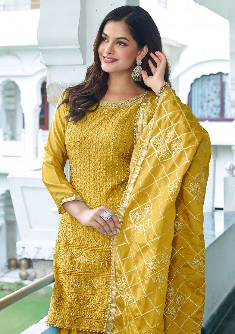 Yellow Embroidered Chinon Sharara Set - Indya