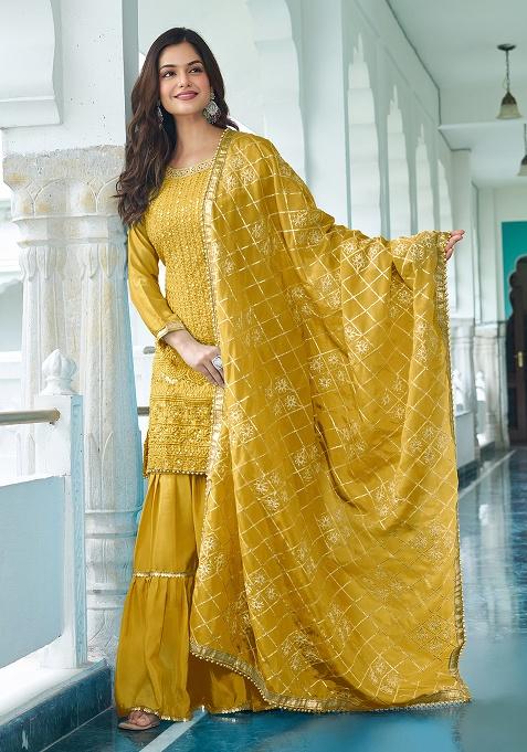 Yellow Printed Chinon Salwar Suit