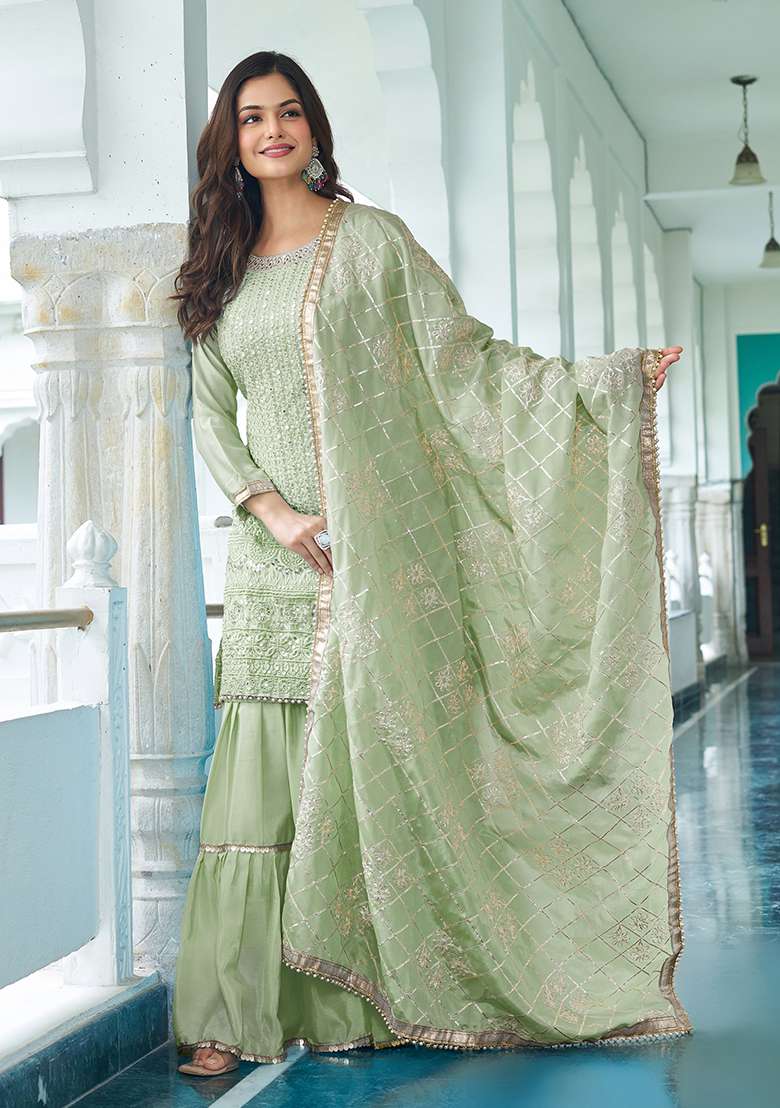 Pista Embroidered Chinon Sharara Set - Indya