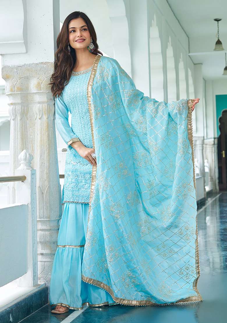 Sky Blue Embroidered Chinon Sharara Set - Indya