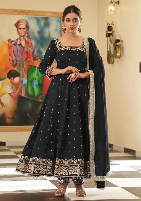 Black Printed Silk Gown Set