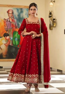 Red Printed Silk Gown Set