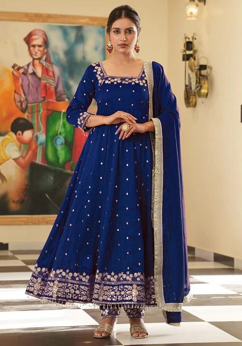 Royal Blue Printed Silk Gown Set
