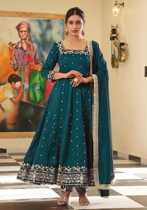 Teal Printed Silk Gown Set