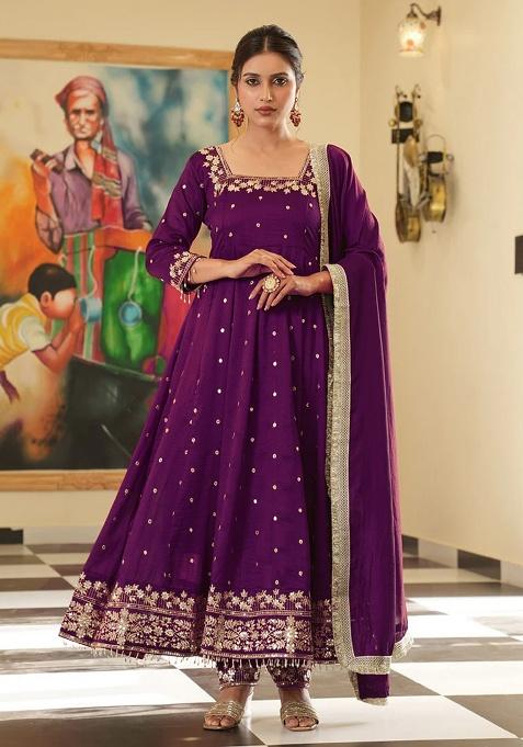 Wine Printed Silk Gown Set