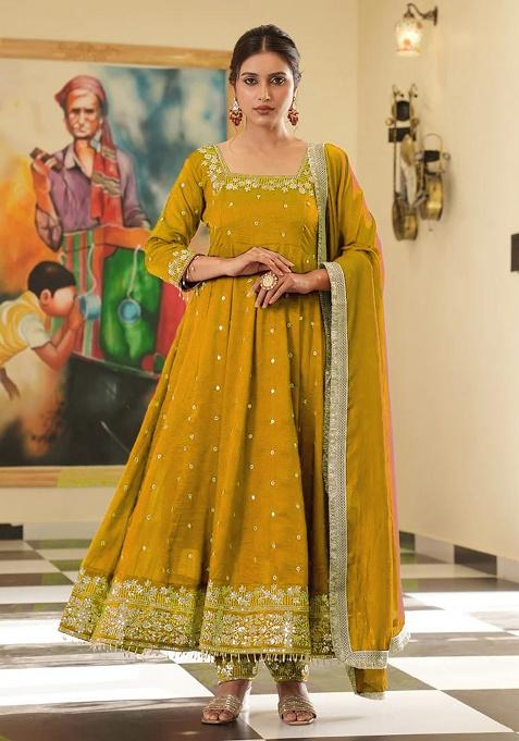 Yellow Printed Silk Gown Set