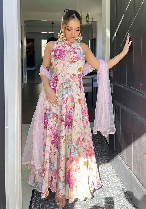 Multi Color Printed Georgette Gown Set