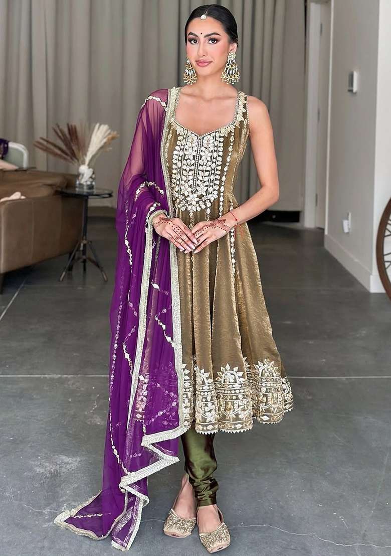 Mehendi Embroidered Satin Pakistani Suit Set - Indya