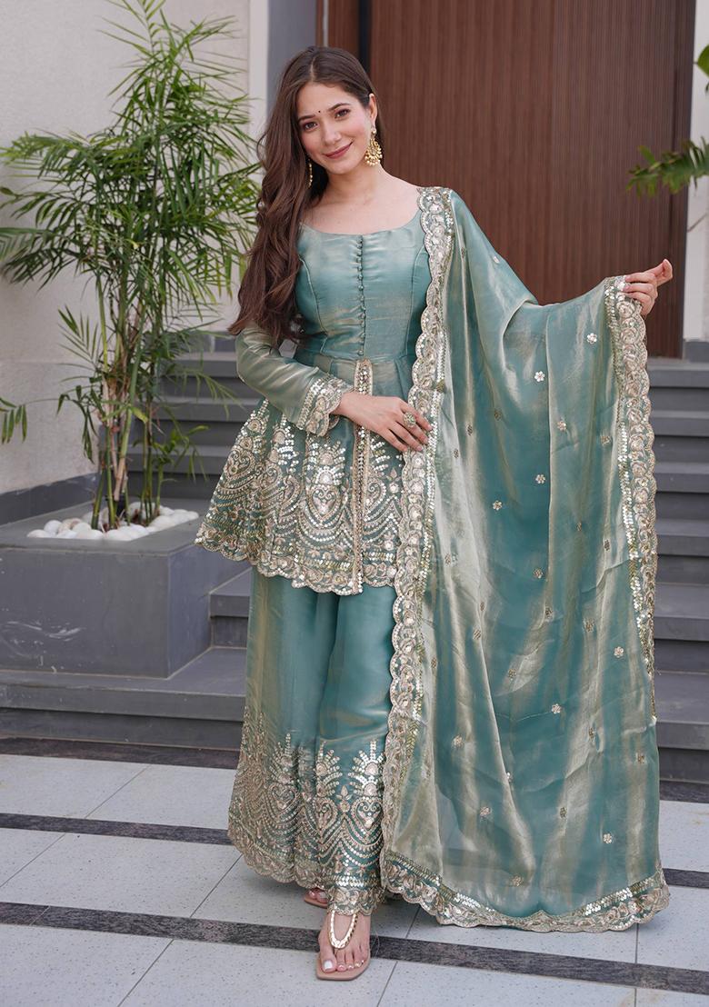 Teal Printed Satin Salwar Suit - Indya