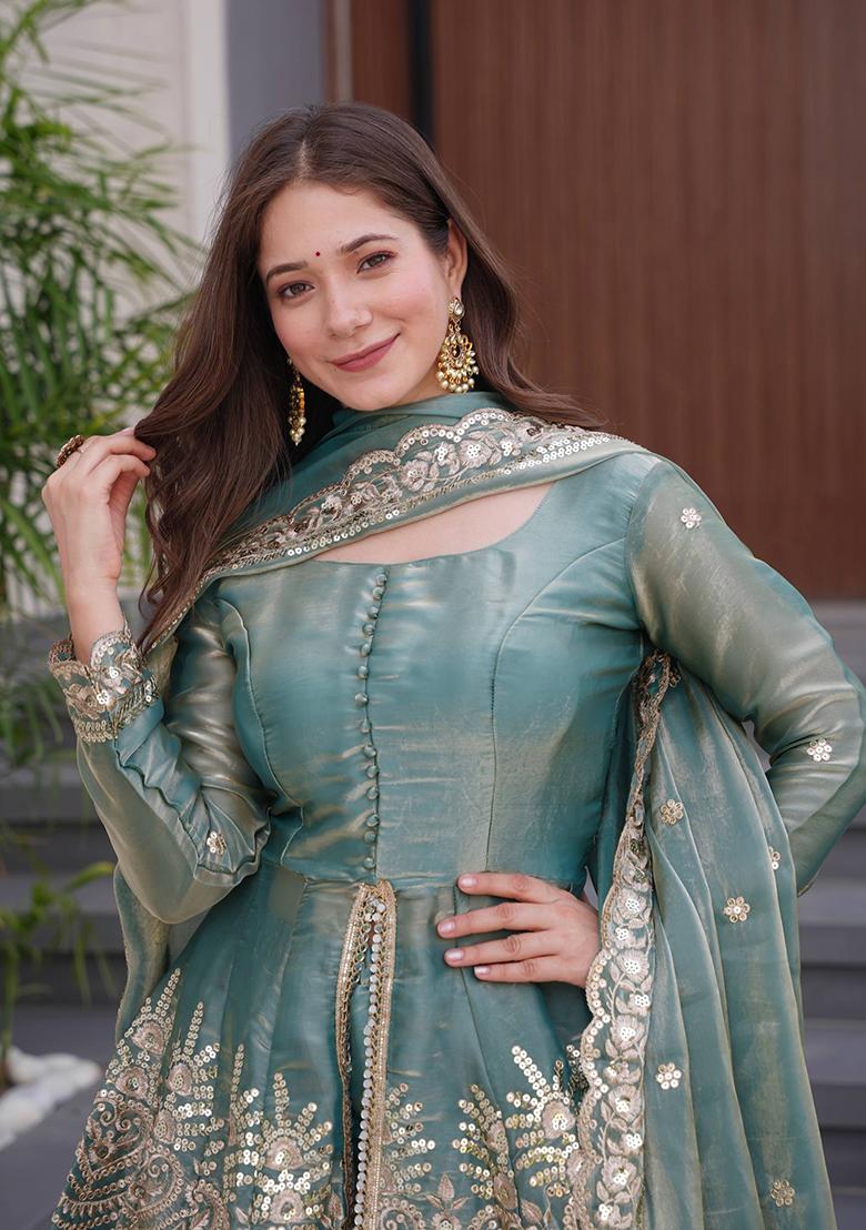 Teal Printed Satin Salwar Suit - Indya