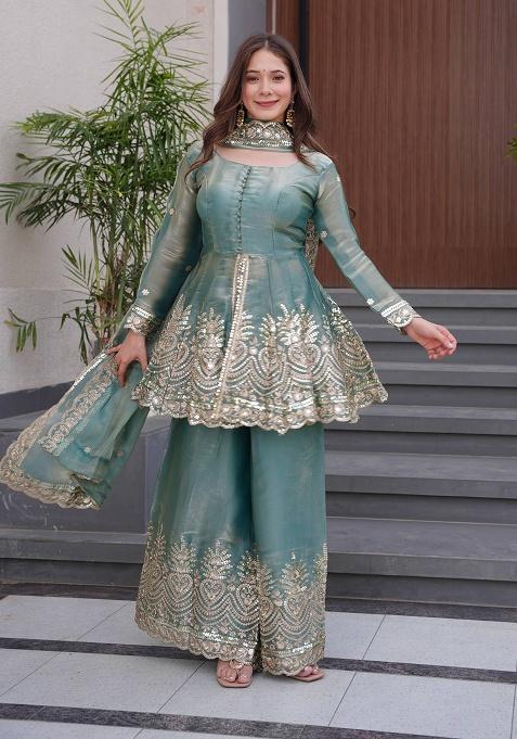 Teal Embroidered Satin Sharara Set — view on Indya