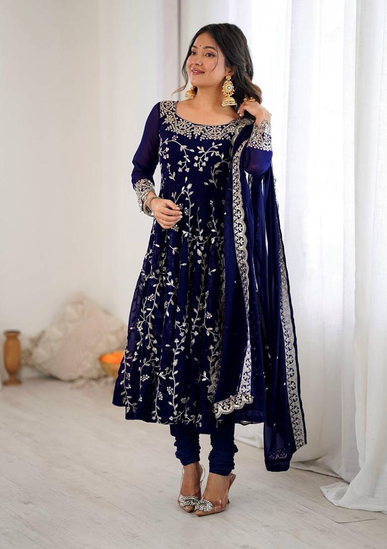Blue Printed Georgette Salwar Suit - Indya