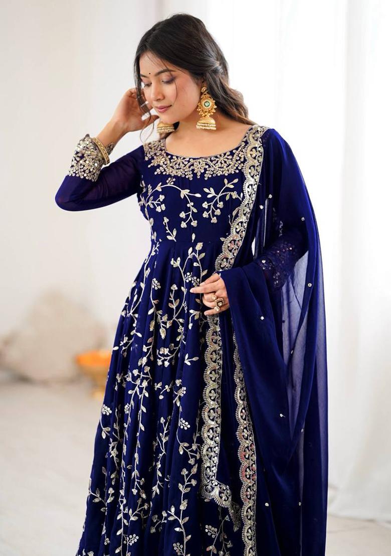 Blue Printed Georgette Salwar Suit - Indya