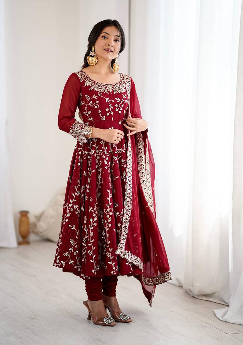 Maroon Printed Georgette Salwar Suit - Indya