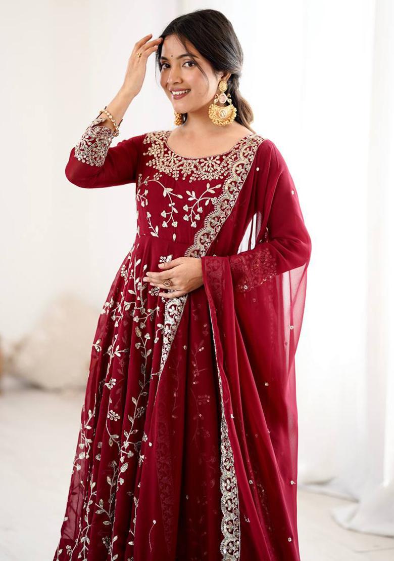Maroon Printed Georgette Salwar Suit - Indya