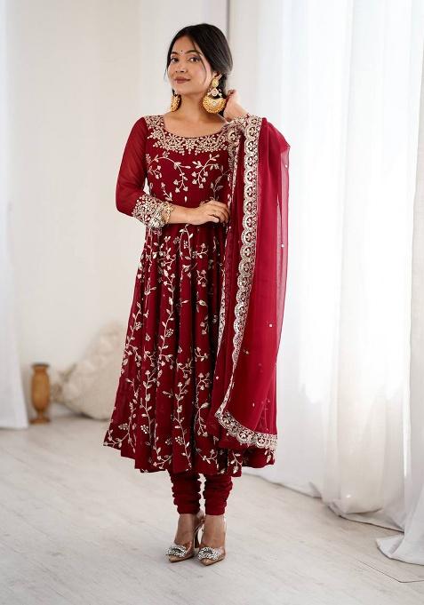 Maroon Printed Georgette Salwar Suit
