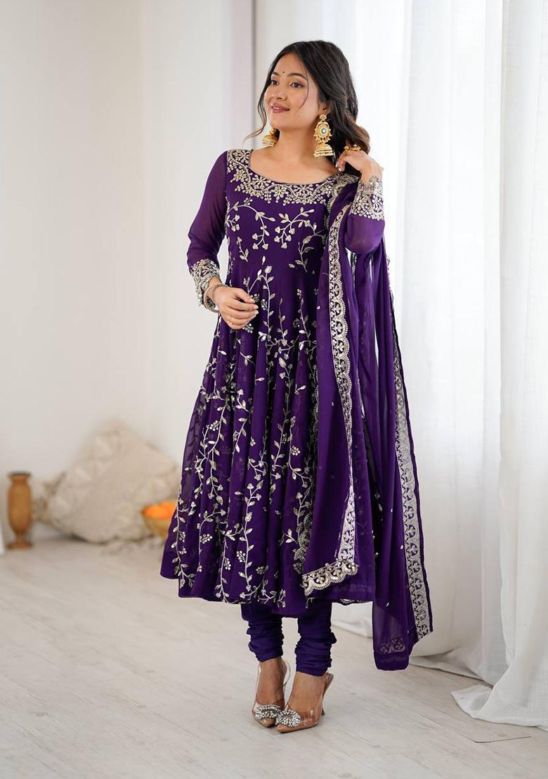 Purple Printed Georgette Salwar Suit - Indya