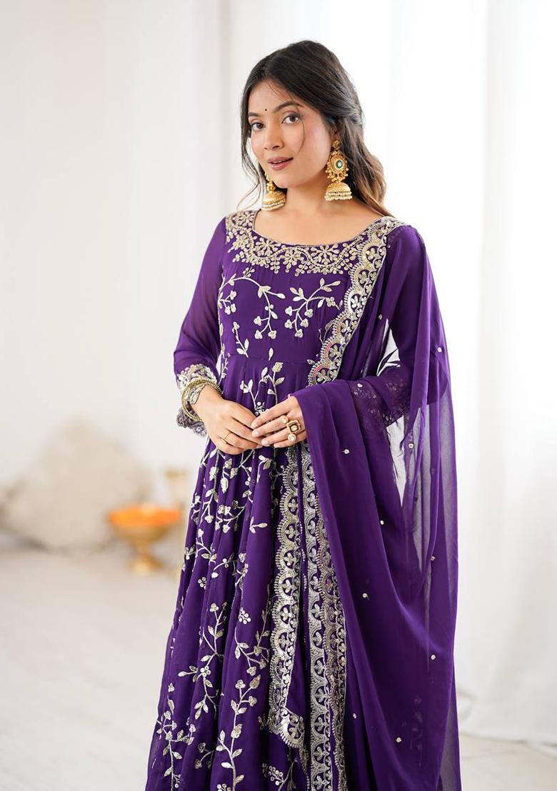 Purple Printed Georgette Salwar Suit - Indya
