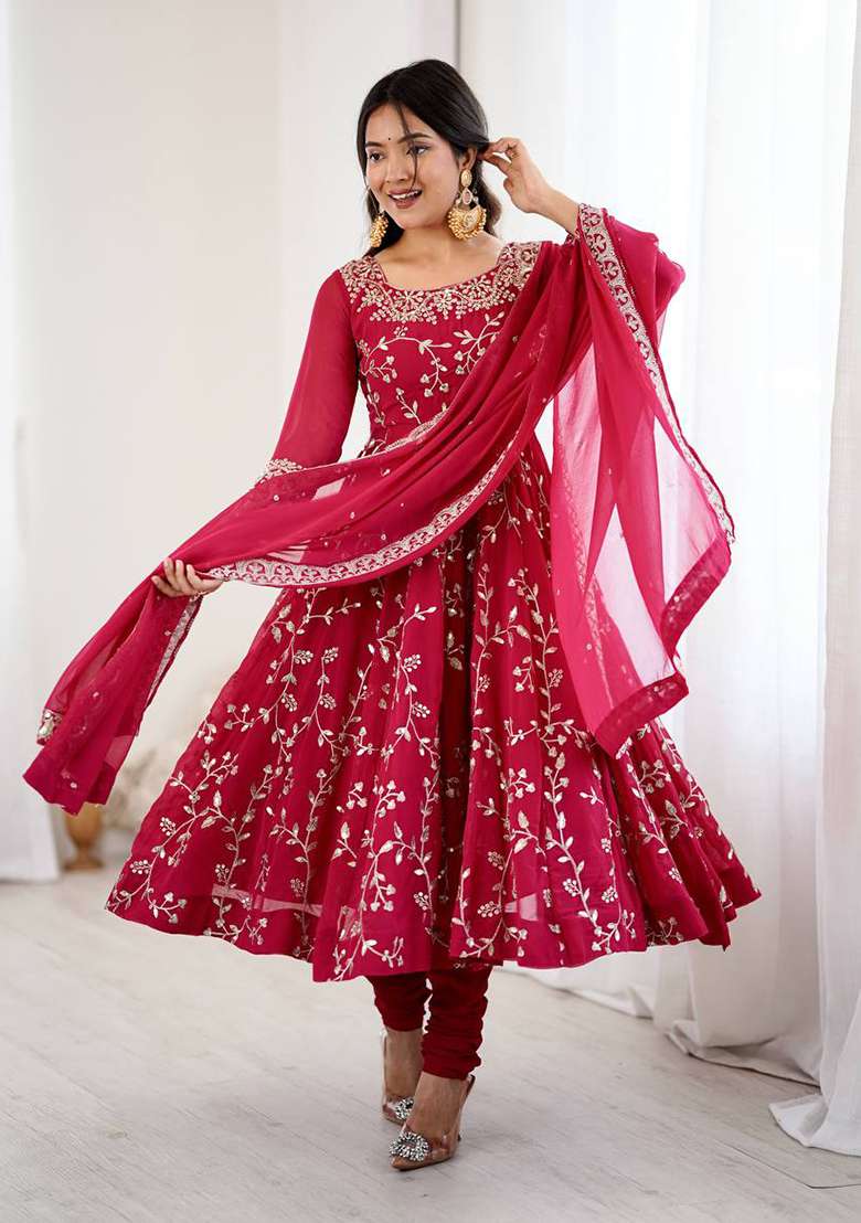Red Embroidered Georgette Anarkali Set - Indya