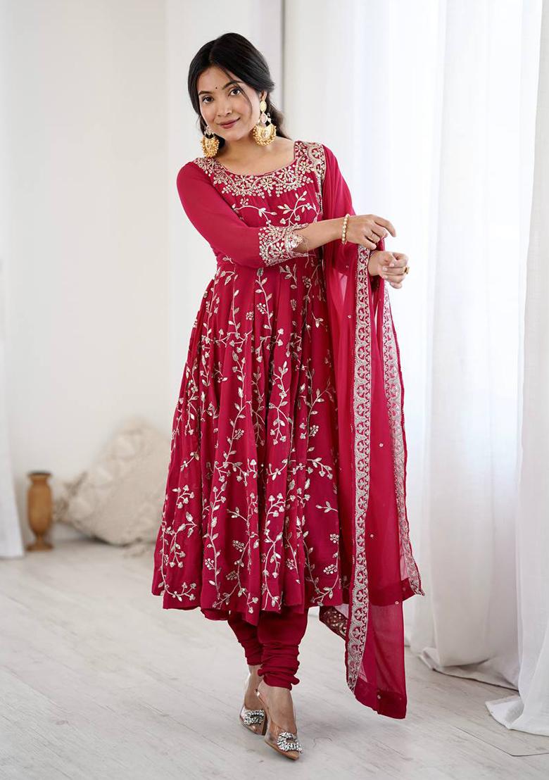 Red Printed Georgette Salwar Suit - Indya