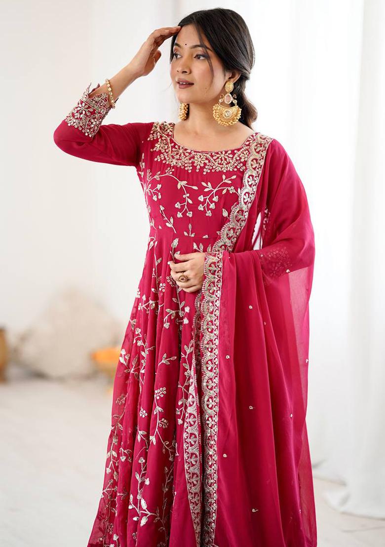Red Printed Georgette Salwar Suit - Indya