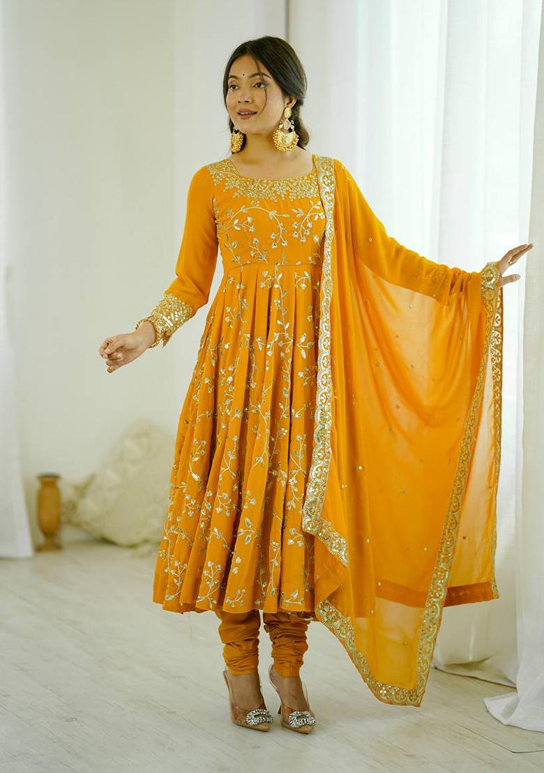 Yellow Printed Georgette Salwar Suit - Indya