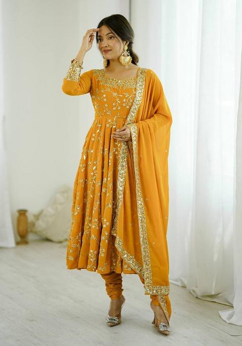 Yellow Printed Georgette Salwar Suit