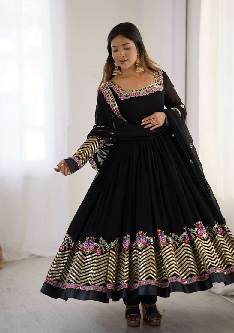 Black Embroidered Georgette Anarkali Set - Indya