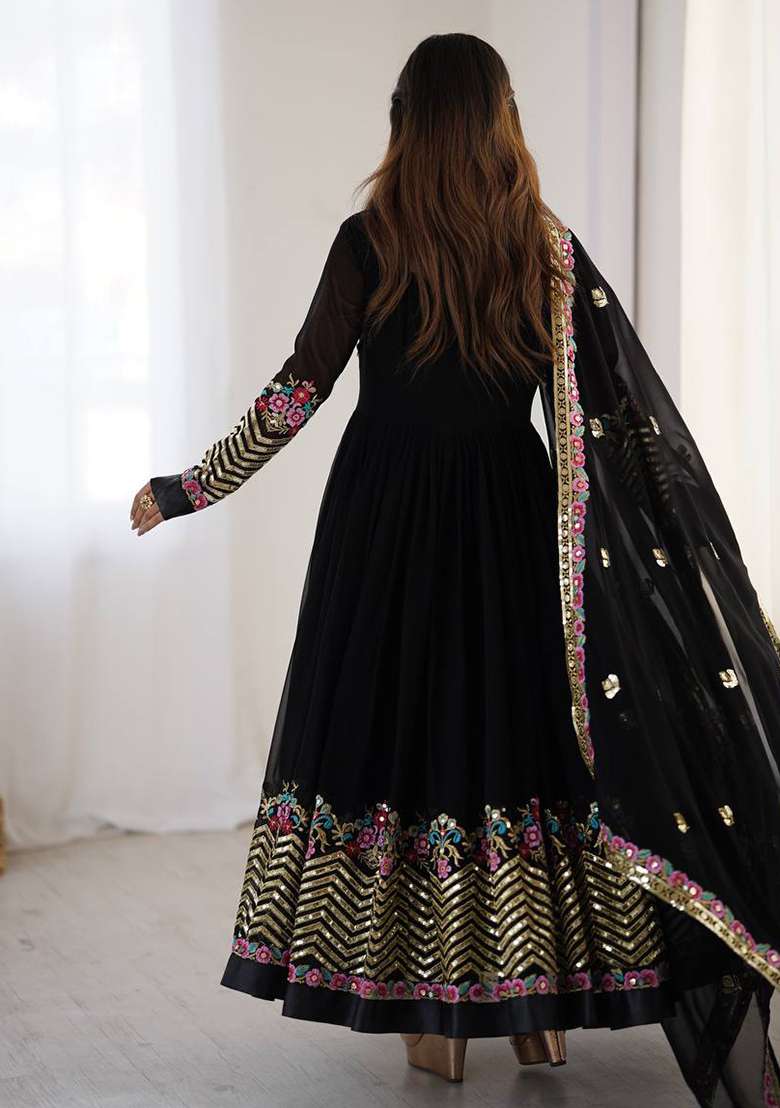 Black Embroidered Georgette Anarkali Set - Indya