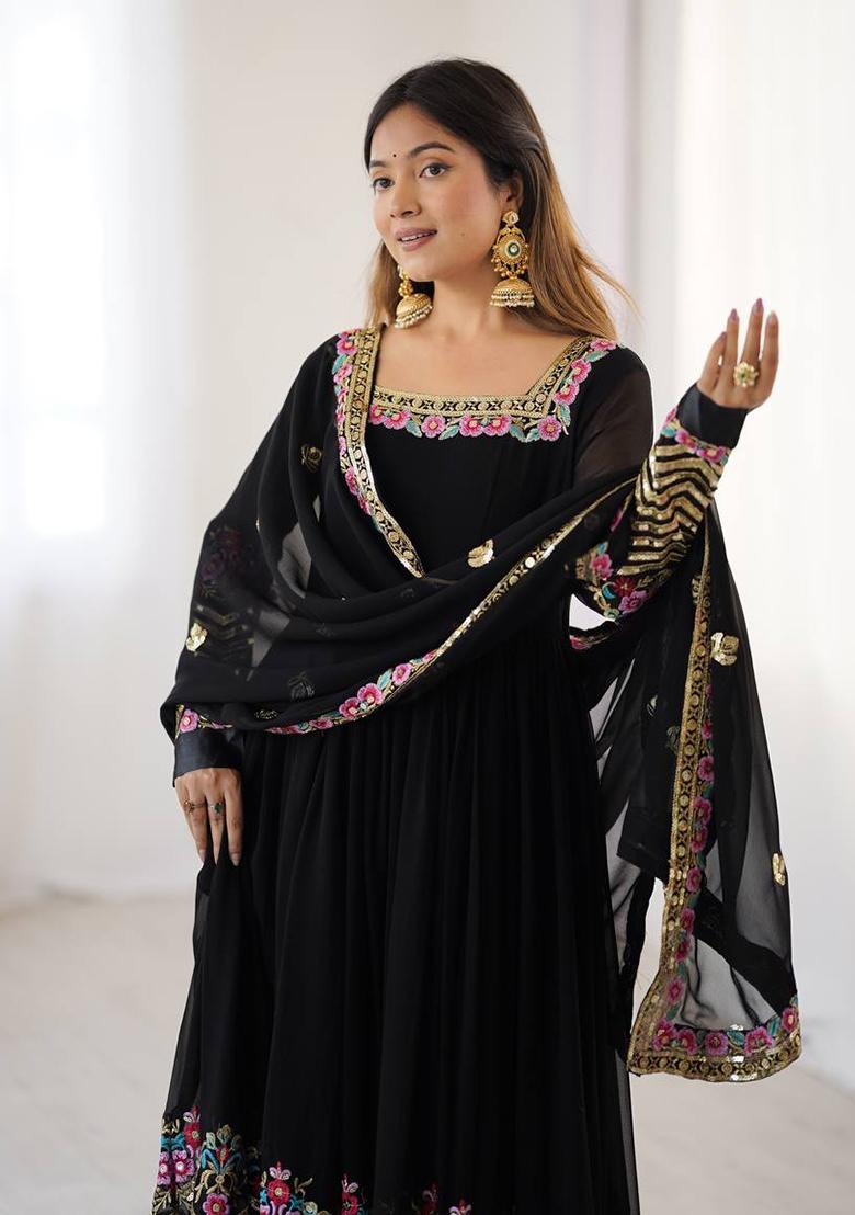 Black Printed Georgette Salwar Suit - Indya