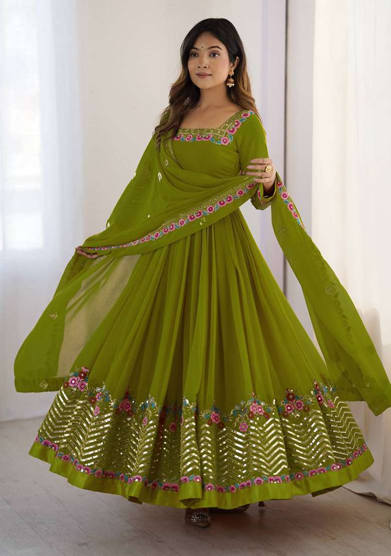 Green Embroidered Georgette Anarkali Set - Indya