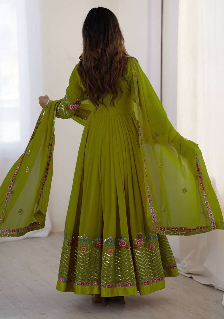 Green Embroidered Georgette Anarkali Set - Indya