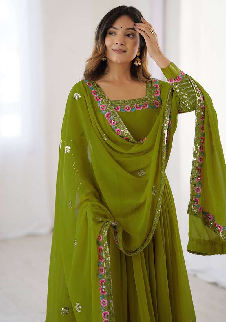 Green Embroidered Georgette Anarkali Set - Indya