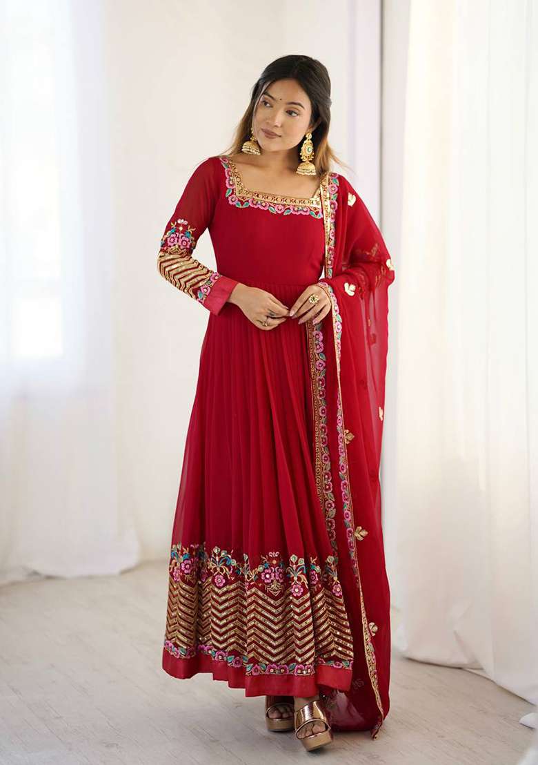Red Embroidered Georgette Anarkali Set - Indya