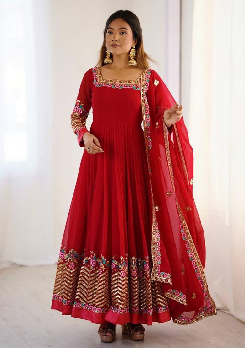 Red Printed Georgette Salwar Suit - Indya