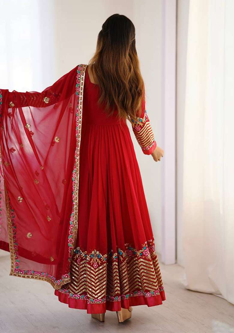 Red Embroidered Georgette Anarkali Set - Indya