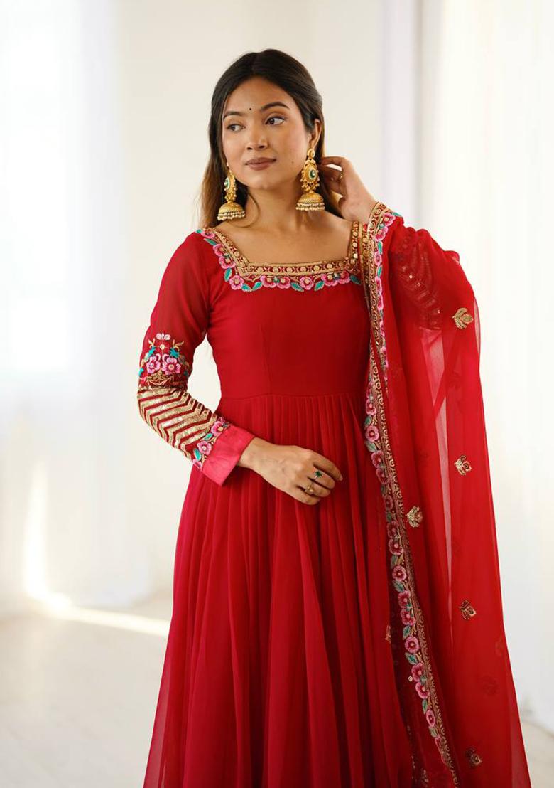 Red Printed Georgette Salwar Suit - Indya