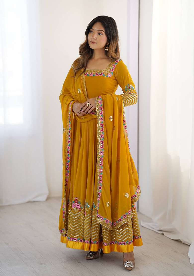 Yellow Embroidered Georgette Sharara Set - Indya
