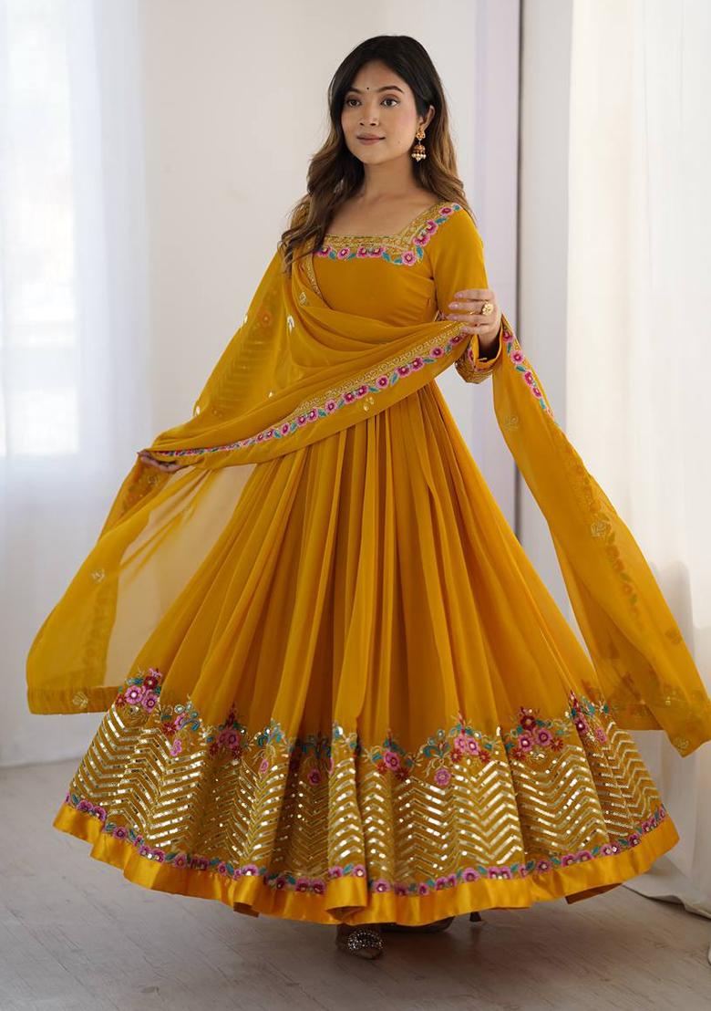 Yellow Printed Georgette Salwar Suit - Indya