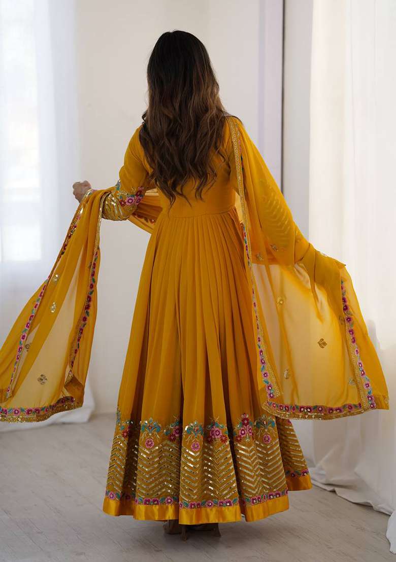 Yellow Embroidered Georgette Sharara Set - Indya