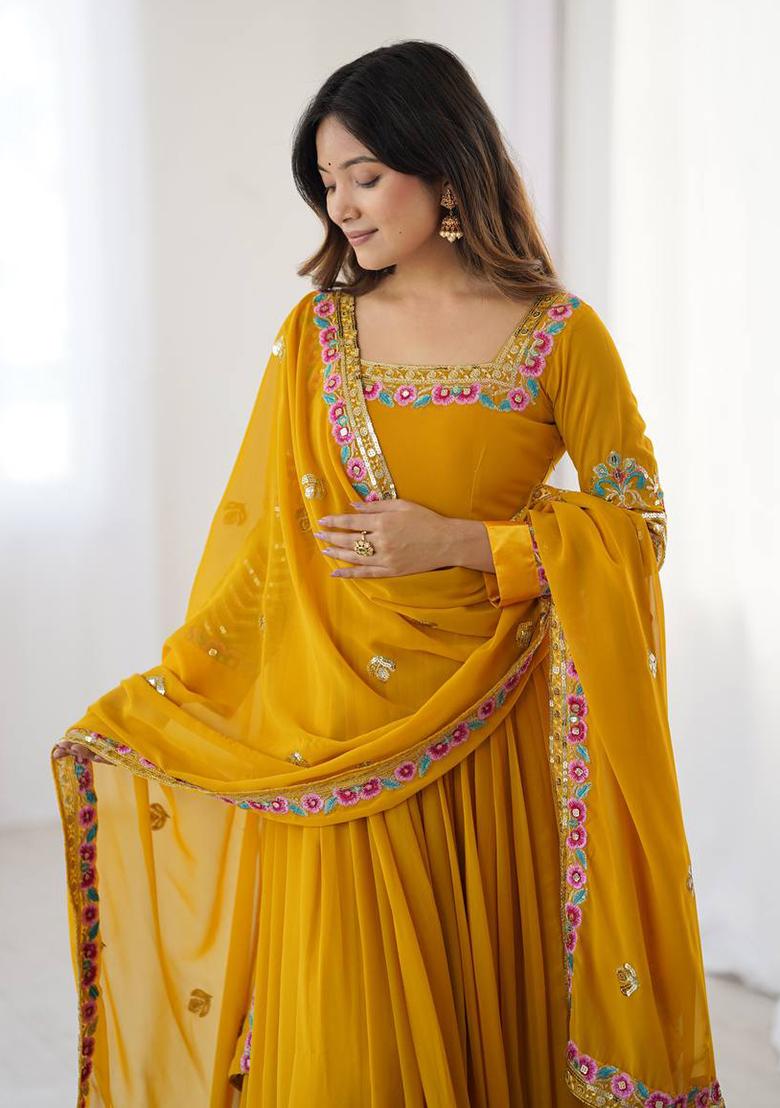 Yellow Printed Georgette Salwar Suit - Indya