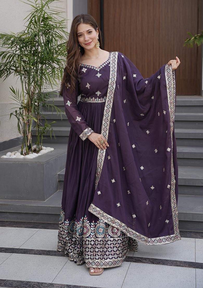 Violet Printed Silk Salwar Suit - Indya